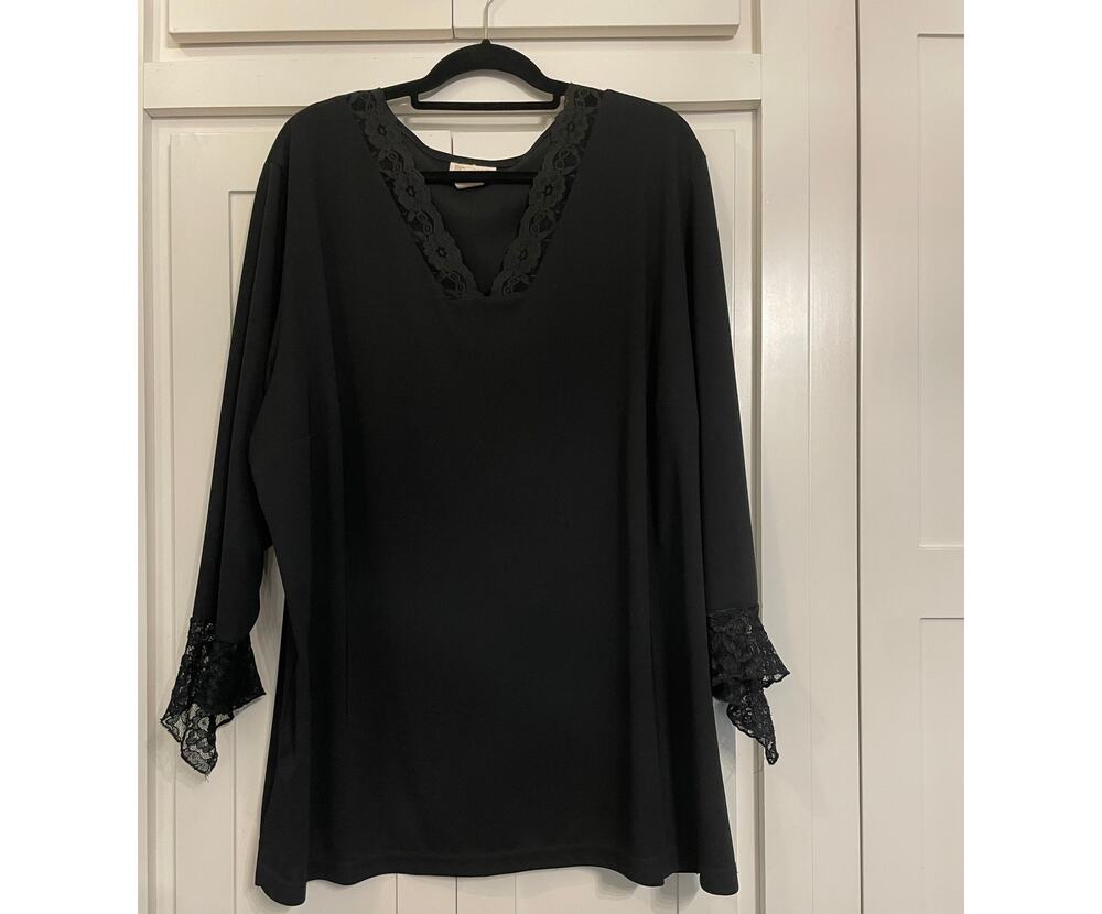Roaman's Black v neck blouse with lace detail 28W